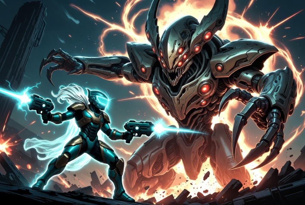 BaseQuest concept art — the player fighter dual-wielding energy pistols against a massive bio-mech boss