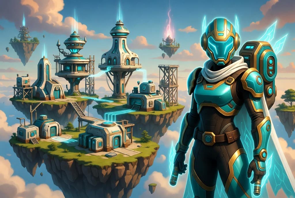 BaseQuest concept art — a floating skybase with modular buildings and the player's fighter in rank armor
